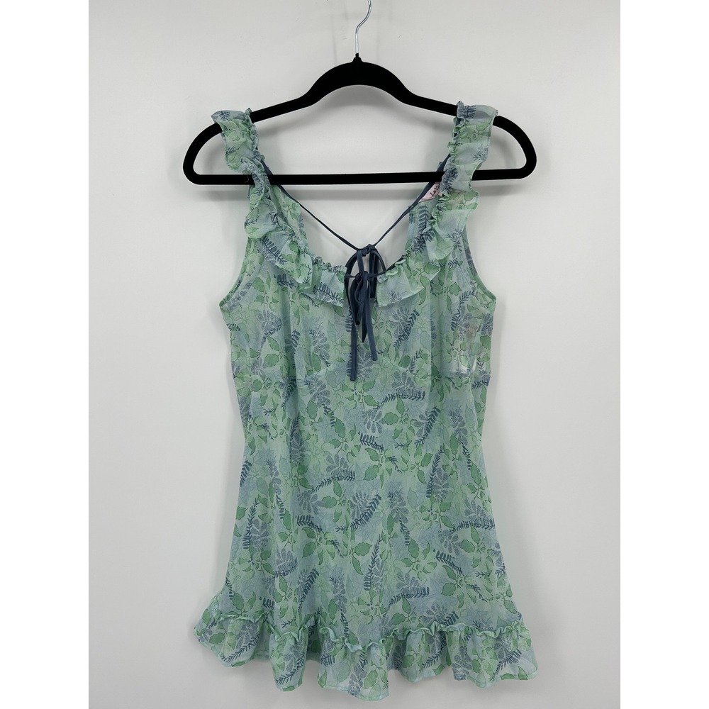 La Vie en Rose Green Floral Ruffle Chiffon Sleeveless Tie Front Top Medium